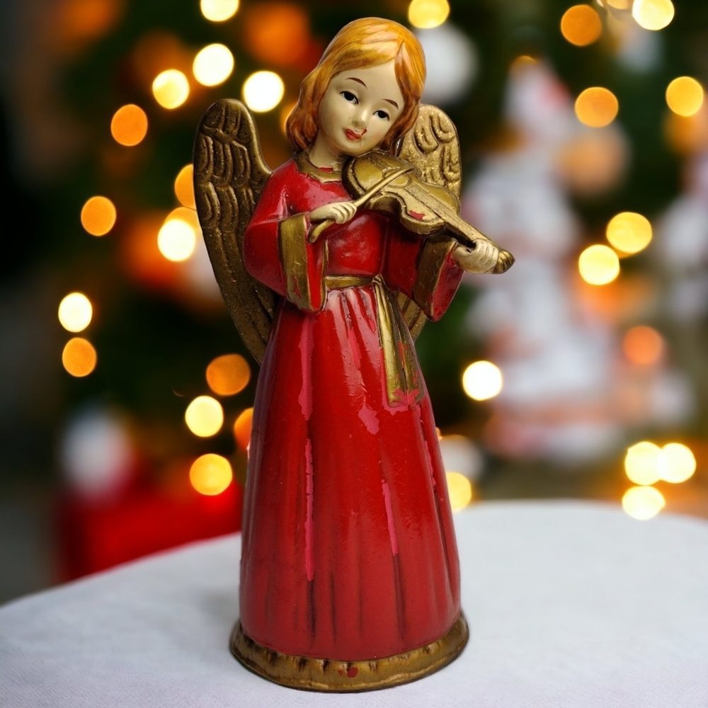 Star Brand Paper Mache Christmas Angel Playing Violin 10" Figurine Vintage